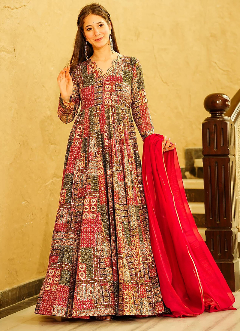 Buy Heavy Rayon Red Ethnic Wear Digital Printed Readymade Gown Online From Wholesale Salwar